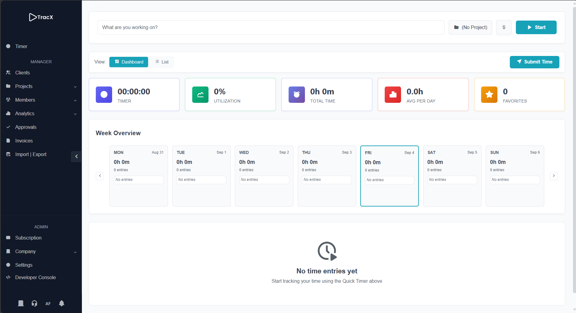 TracX Timer dashboard showing week overview, summary cards, and time entries
