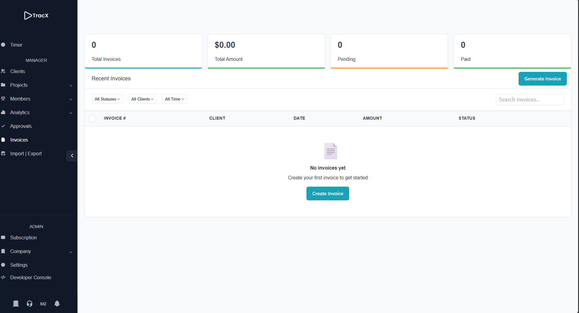 TracX Invoices page listing invoices and statuses