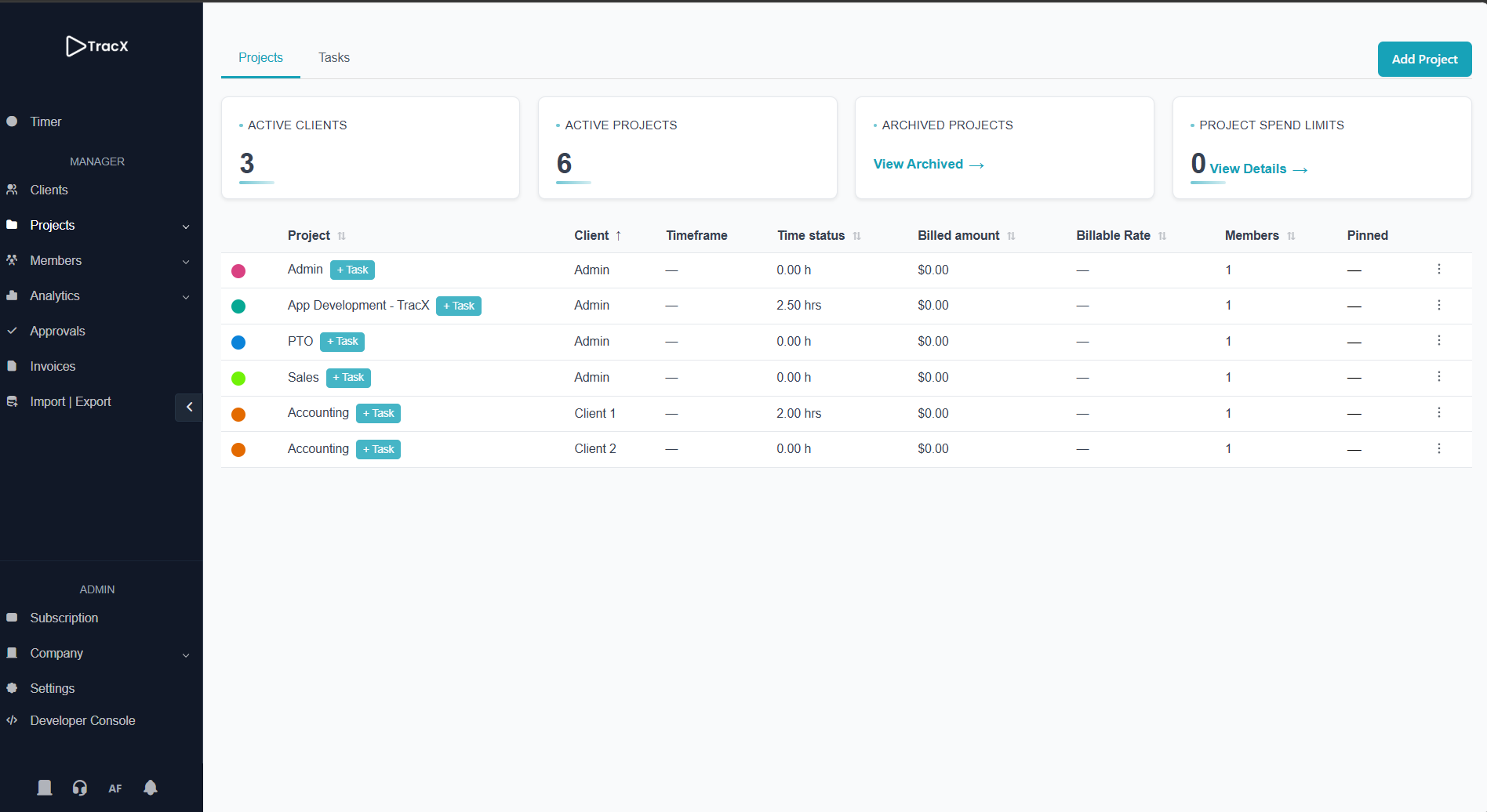 TracX Projects page with summary cards and project list