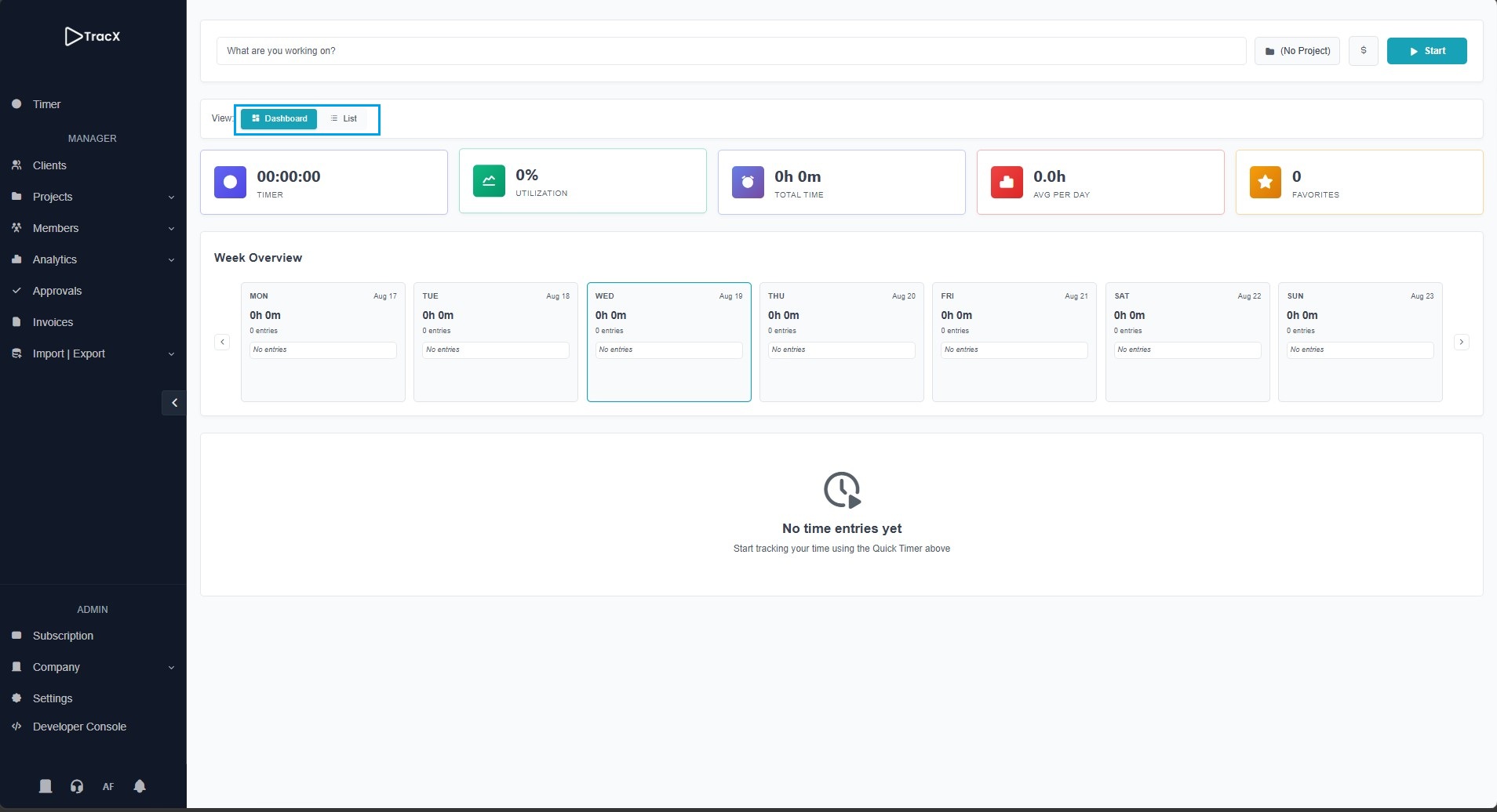 TracX Timer dashboard showing week overview, summary cards, and time entries